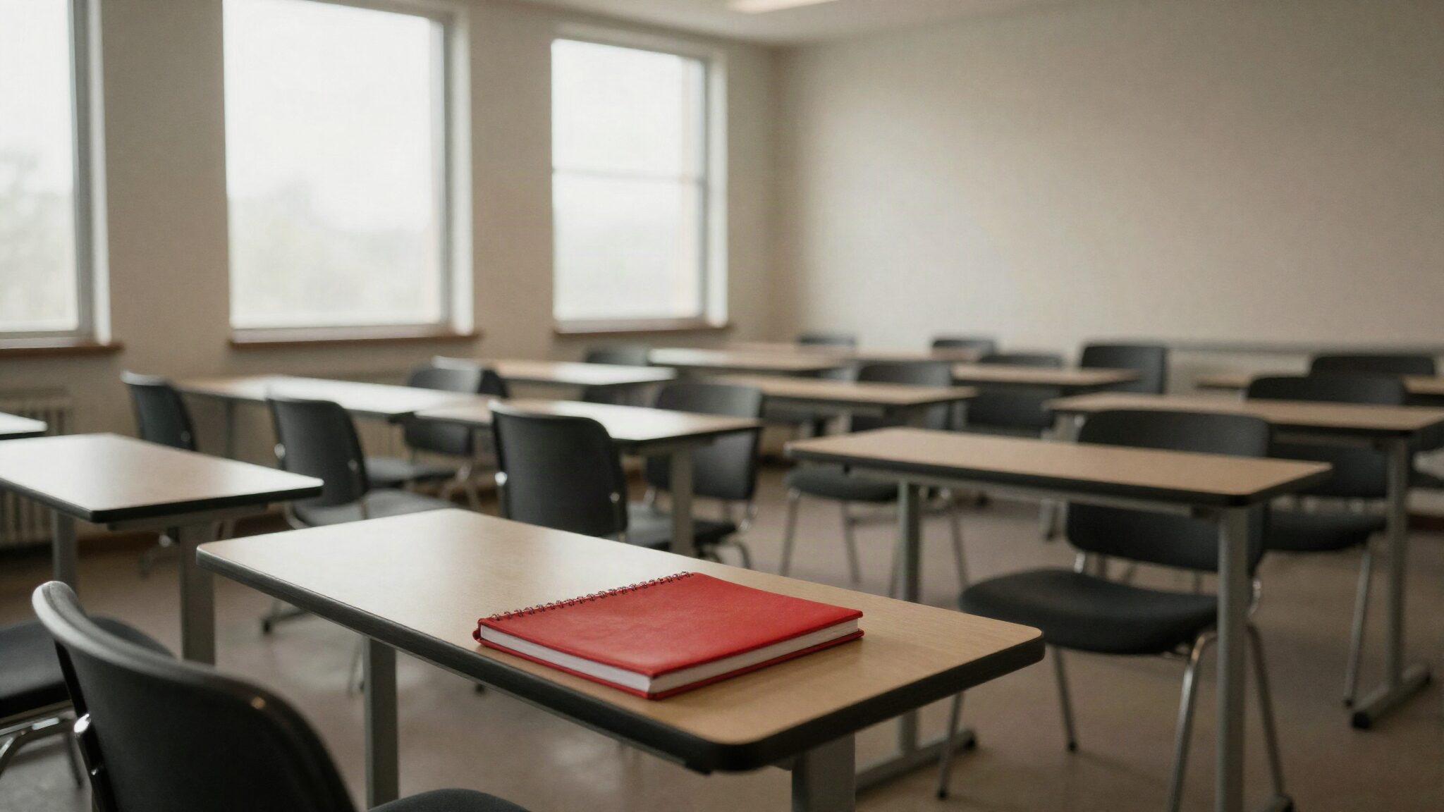 Workshop room prepared for a leadership program in early morning light, with one red notebook on a front table