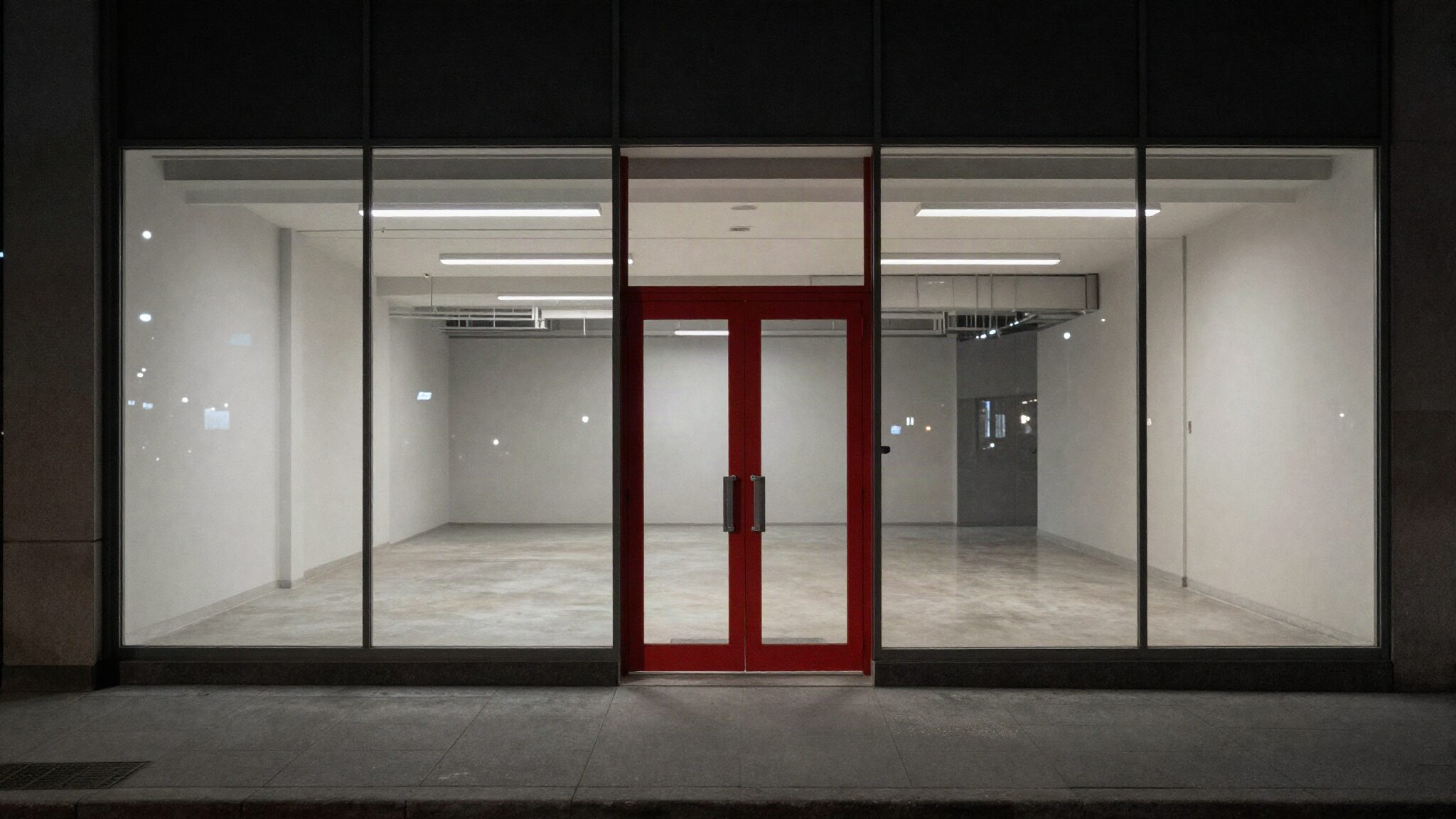 Vacant ground-floor commercial space with a glass storefront at night and a single red door frame