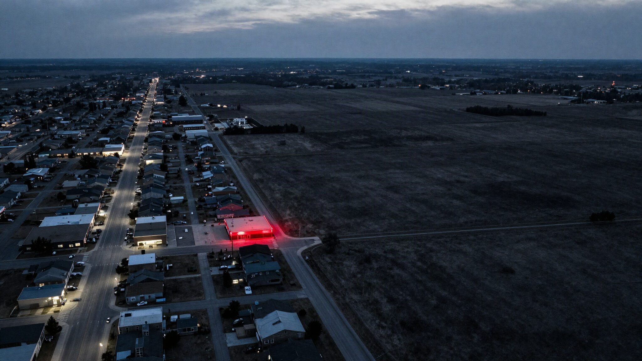 Aerial view at blue hour of a city grid ending at open prairie, with one building at the edge of town lit red