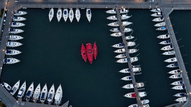 Advertising audience size: aerial view of a large marina with one small group of red boats
