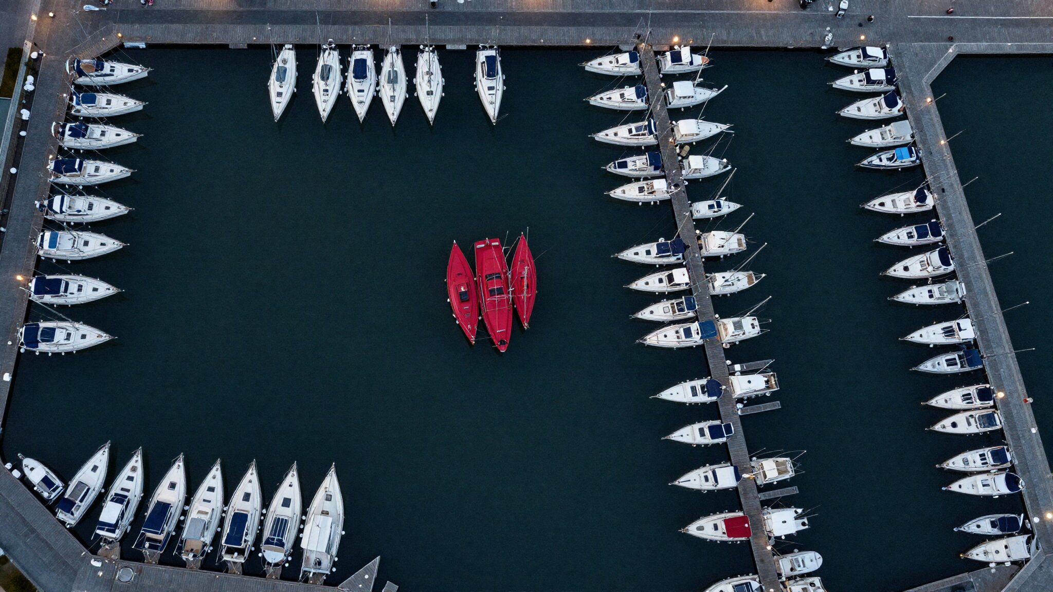 Advertising audience size: aerial view of a large marina with one small group of red boats
