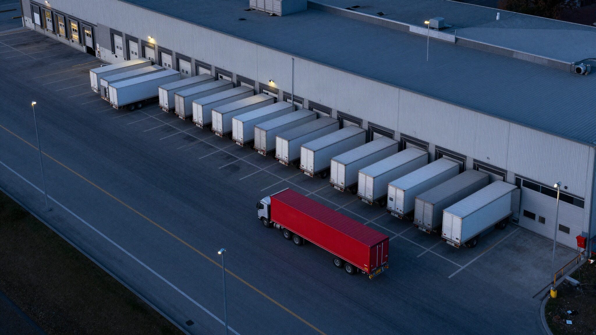 Aerial view of a cross-dock logistics terminal at blue hour with a row of white trailers and one red trailer