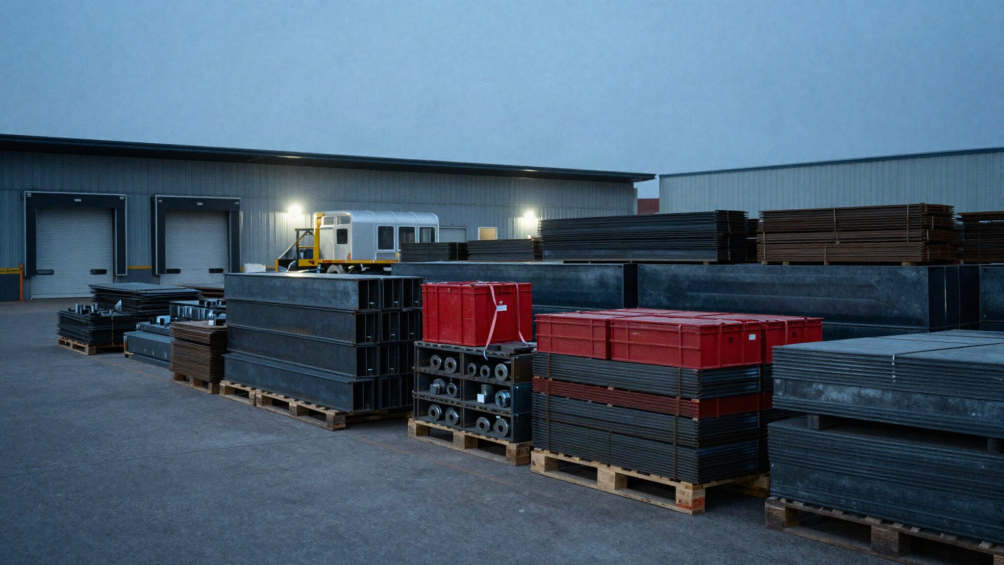 Manufacturer's steel storage yard at blue hour with fabricated components and one red crate strap