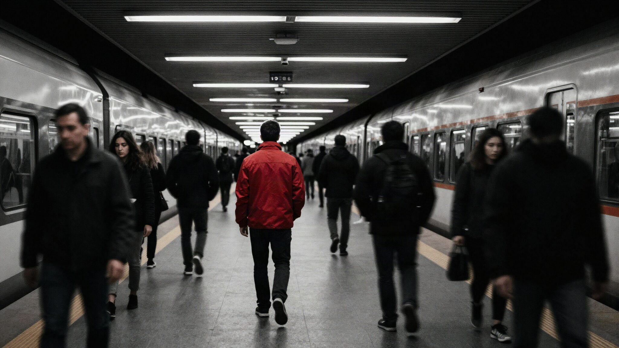 Commuters walking along a train platform at night, one person in a red jacket among them